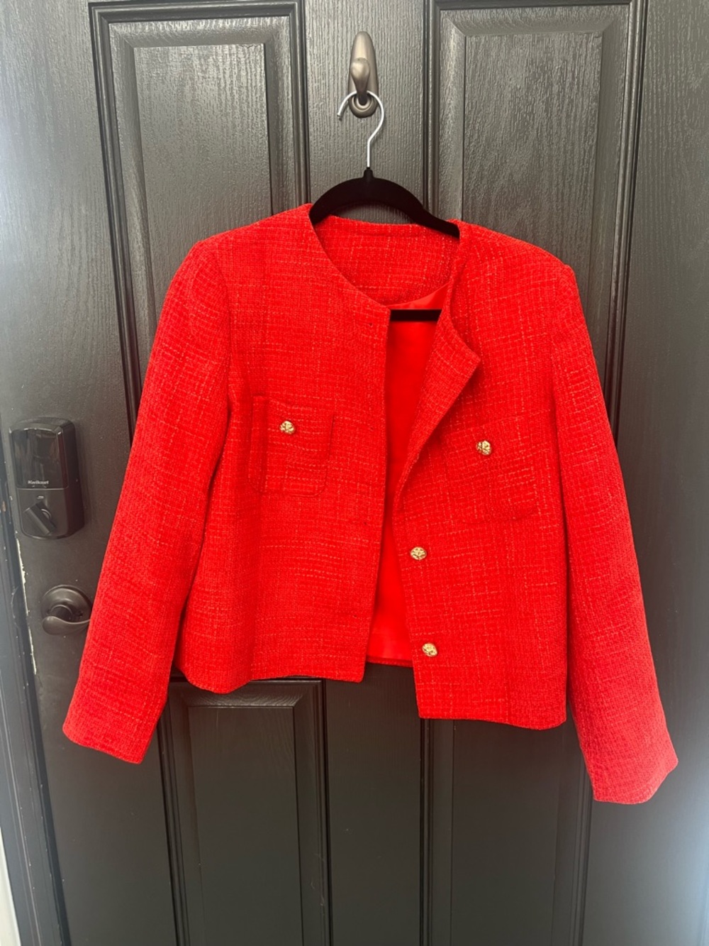 Amazon Red Tweed Collarless Women's Blazer with Gold Buttons